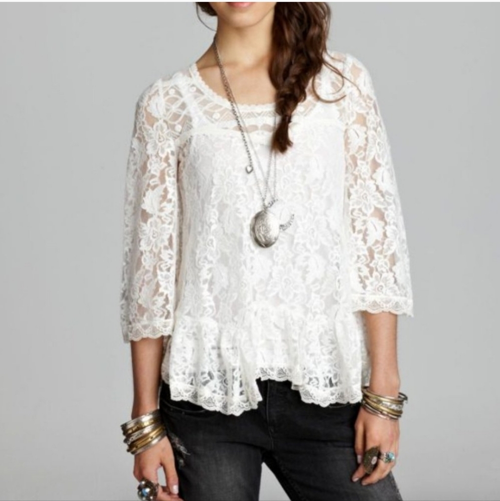 Free People Bell Sleeve Ivory Lace Top